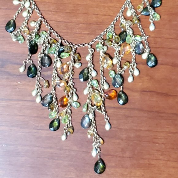 Monet Gold Tone Necklace with beads in Green & Orange beads - Picture 1 of 5